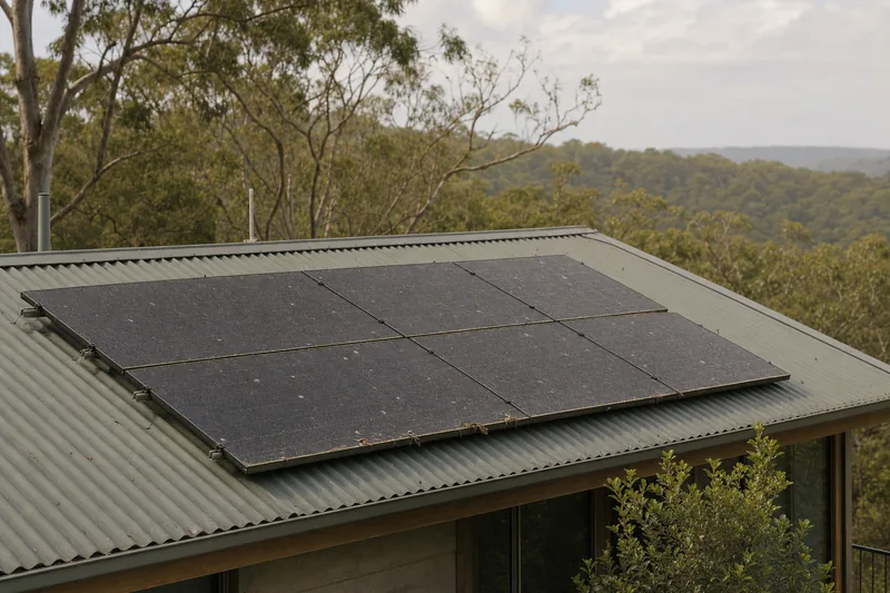 Rooftop solar panels dulled with dust, droppings and leaf litter on a grey-green corrugated roof, a bushland ridgeline beyond — solar panel cleaning, Central Coast. Illustrative example.