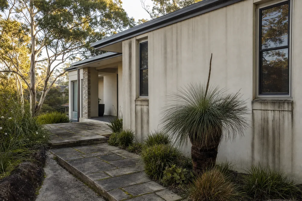 A rendered house wall with dark streaks running down from the sills above a paved path with moss in the joints, a grass tree in front — pressure cleaning, Central Coast. Illustrative example.